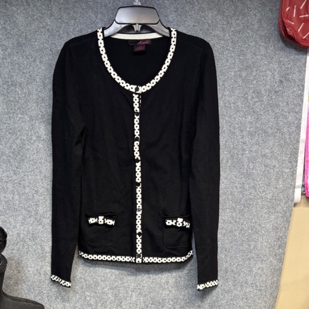 Willi Smith polk a dot full button up rayon blend blk and white sweater cardigan